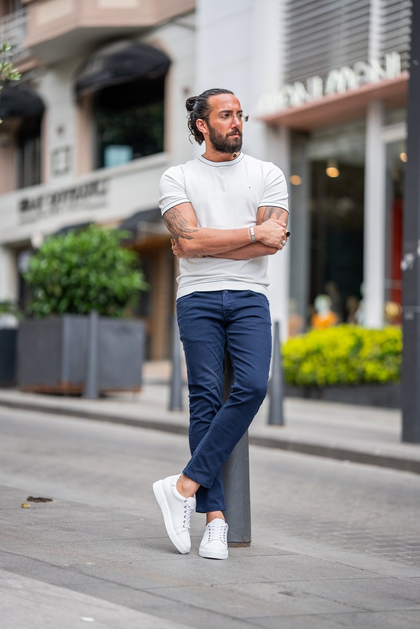 A White T-shirt worn by a model