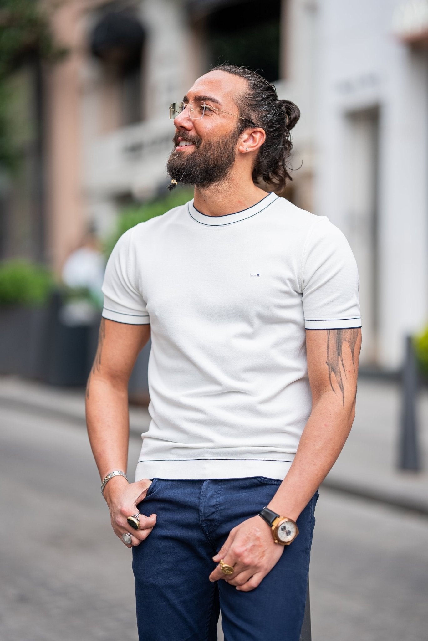 A White T-shirt worn by a model