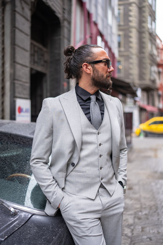 A Gray Suit worn by a model