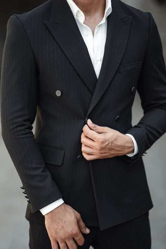 A Slim Fit Double Breasted Black Suit on Display. 