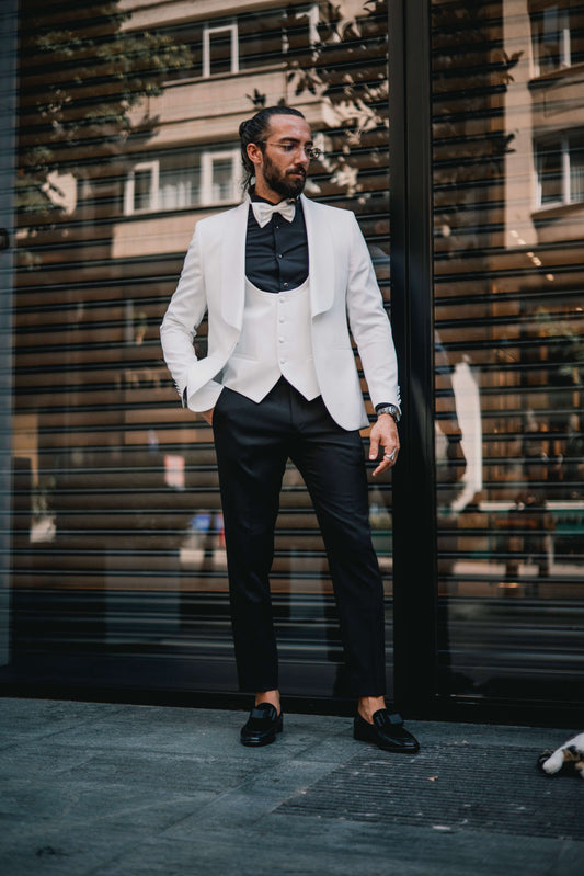 Ivory Contrast Gala Tuxedo with ivory white jacket and black trousers, perfect for formal events.