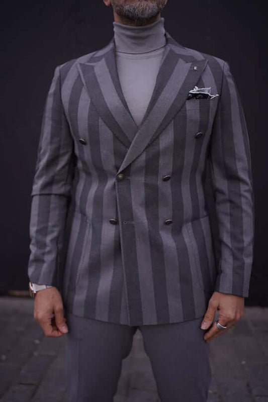 A Striped Gray Blazer on display.