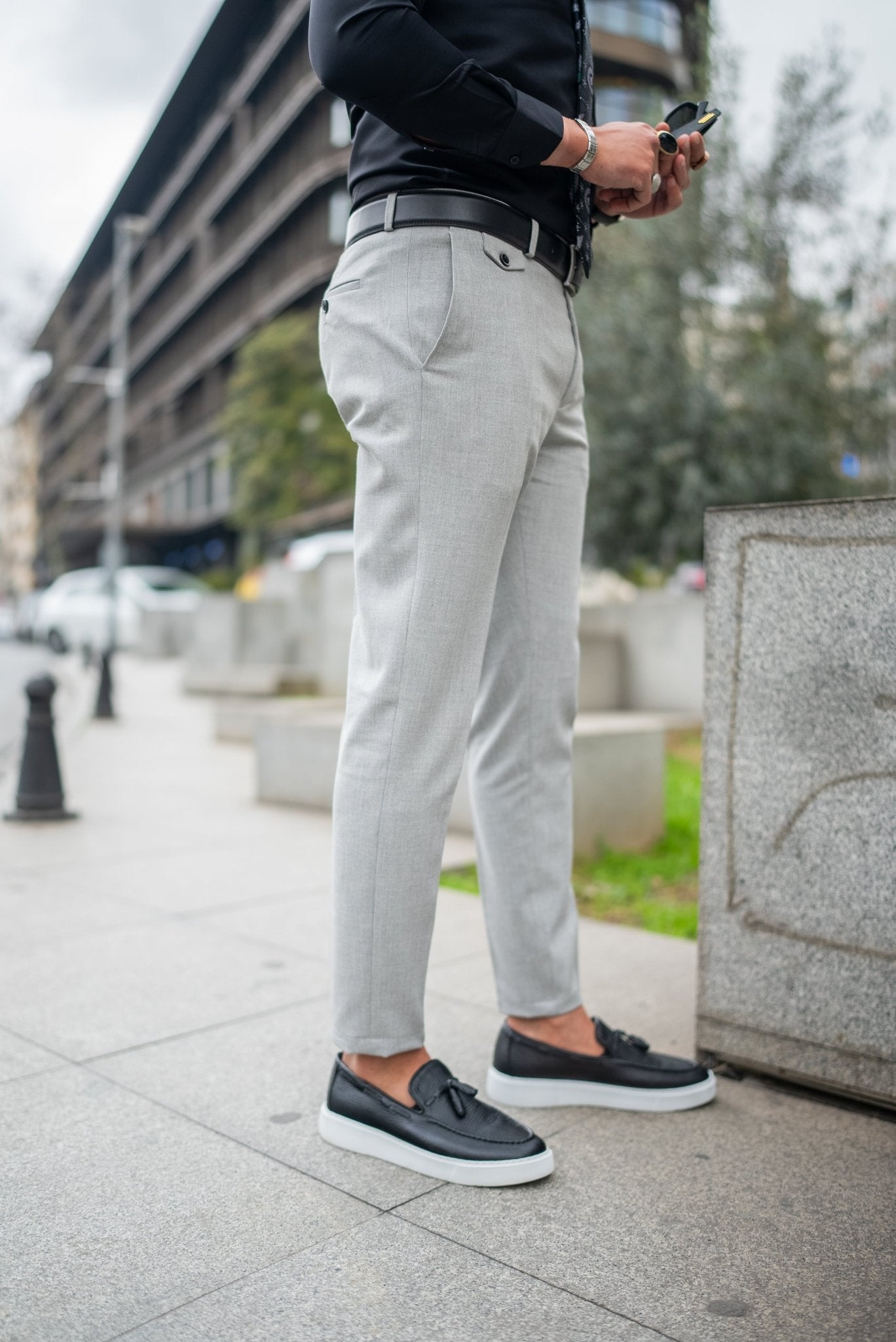 A Gray Lycra Fabric Trousers on display