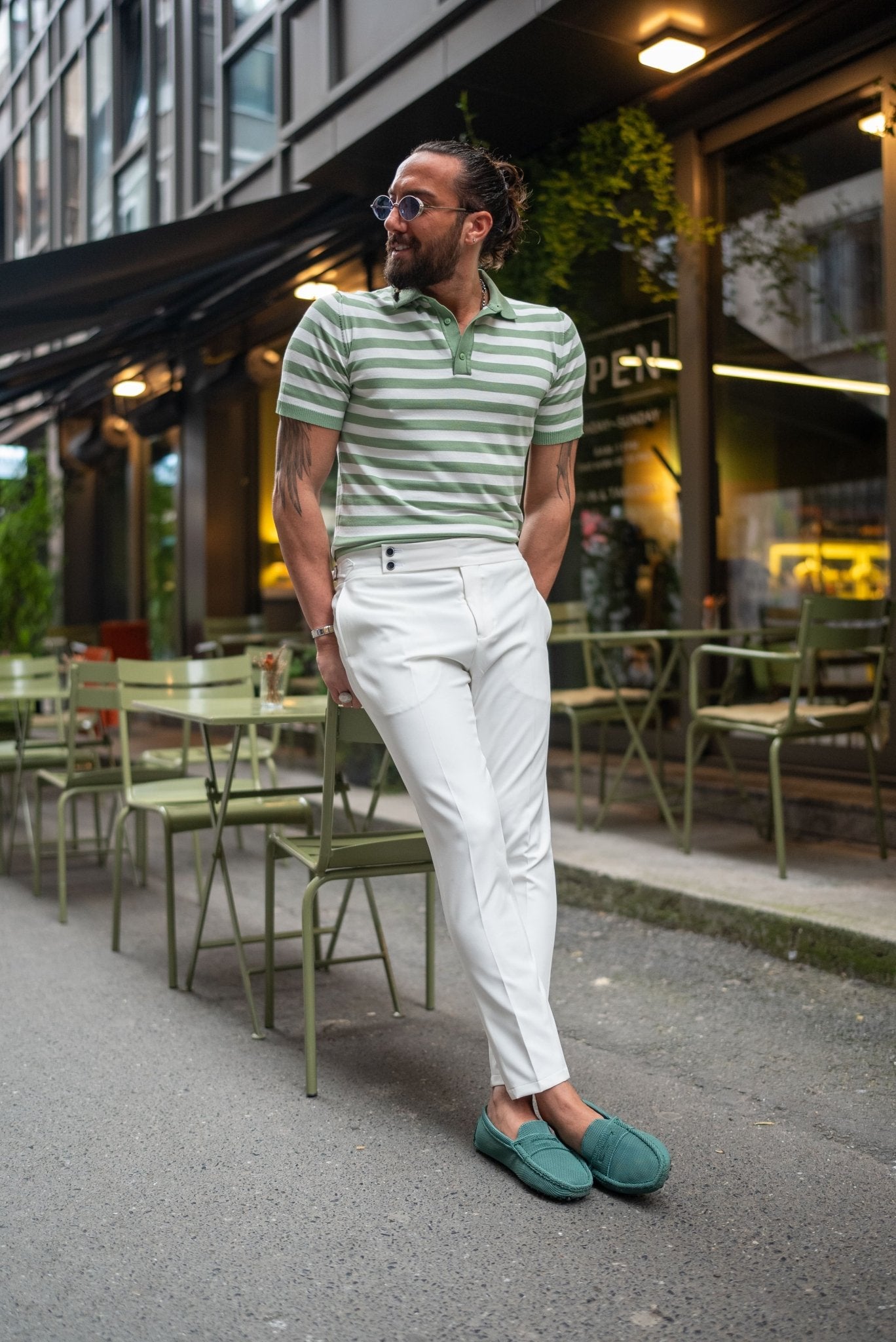 A Verdant Vibe Knit Polo worn by a model