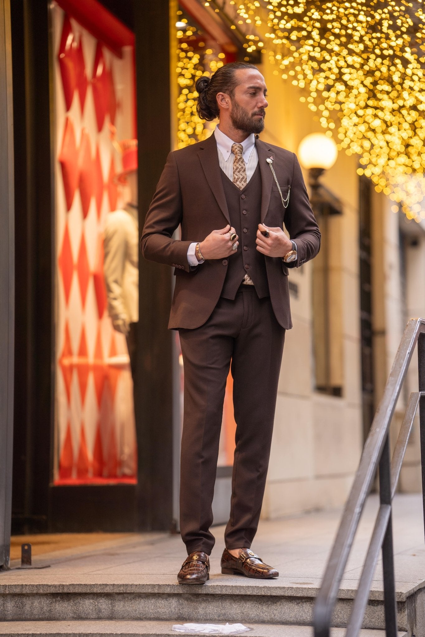 A Self-Patterned Brown Suit on display