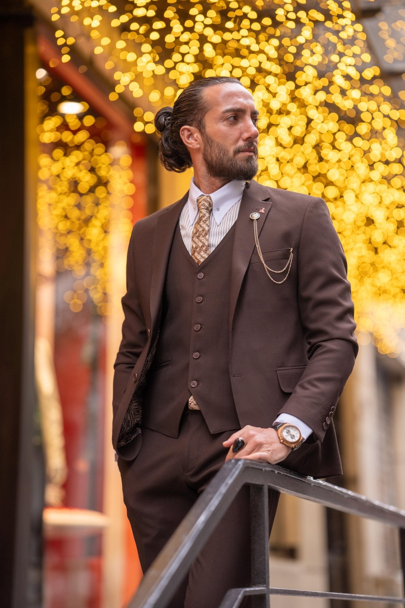 A Self-Patterned Brown Suit on display