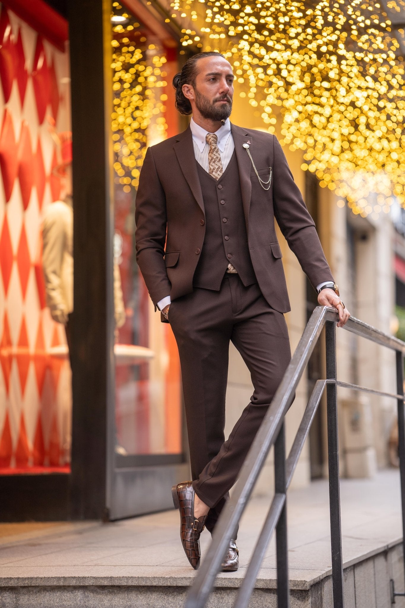 A Self-Patterned Brown Suit on display