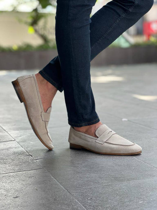 Beige Flat Suede Loafers