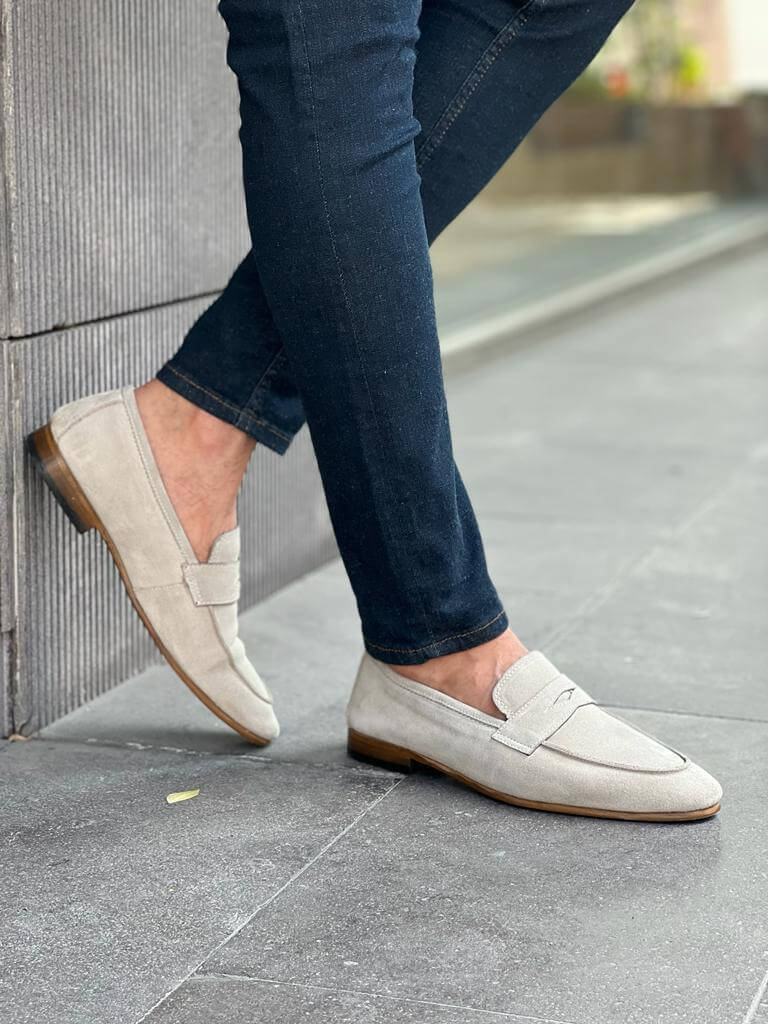 Beige Flat Suede Loafers