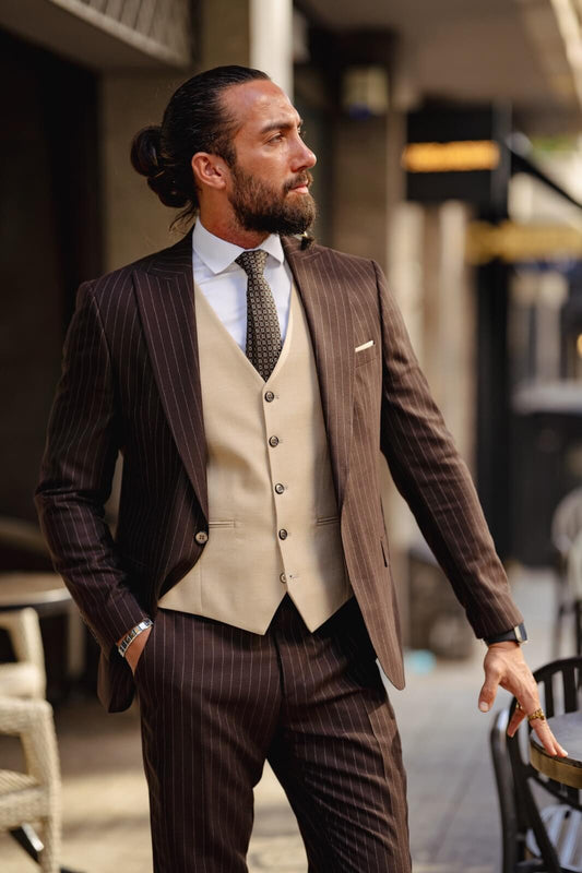 A Beige-Brown Slim Fit Suit on display.