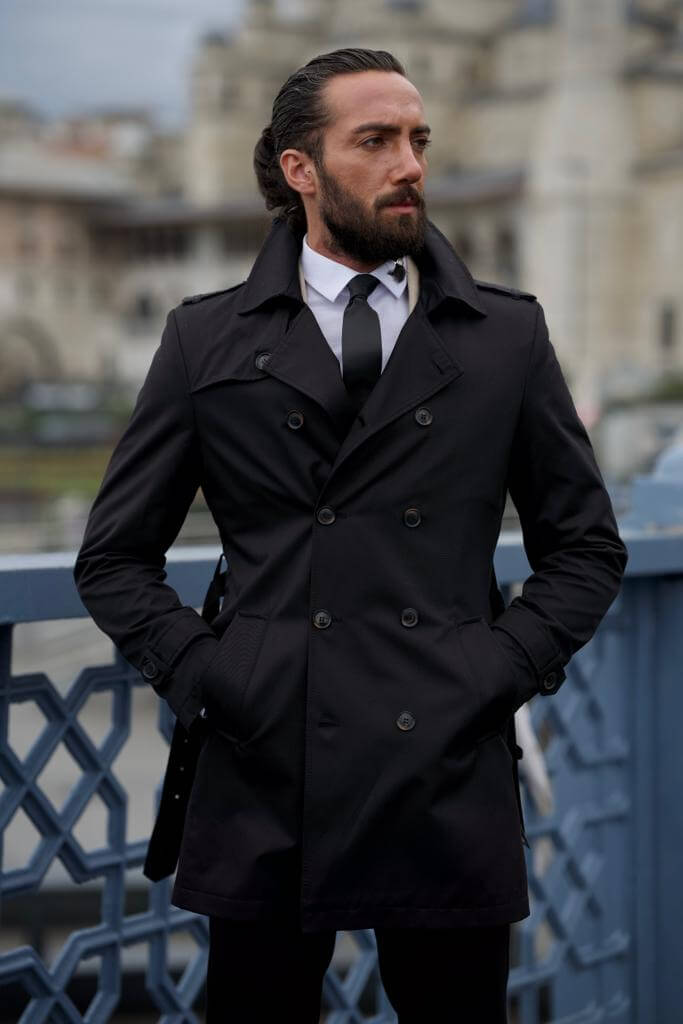 Long black trench coat with online hood