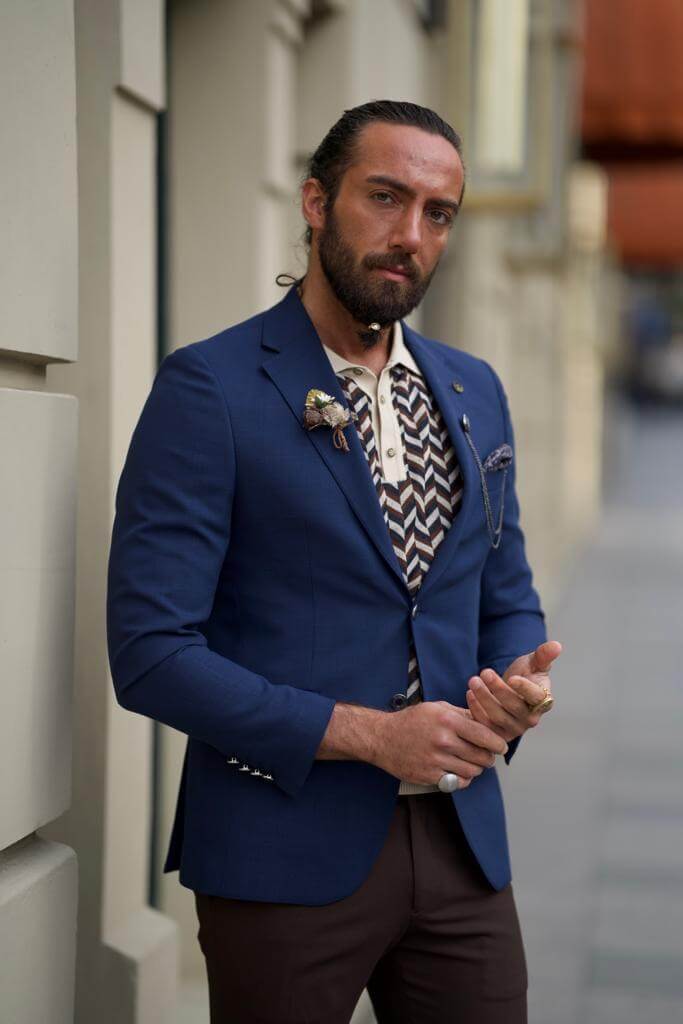 A modern blue blazer jacket with a slim silhouette