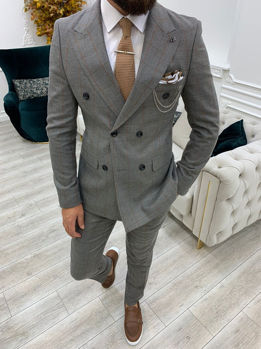 Double Breasted Plaid Gray Suit