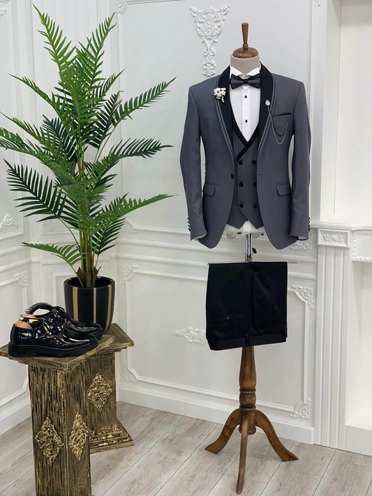 Gray Slim Fit Wedding Tuxedo - Hollo Men