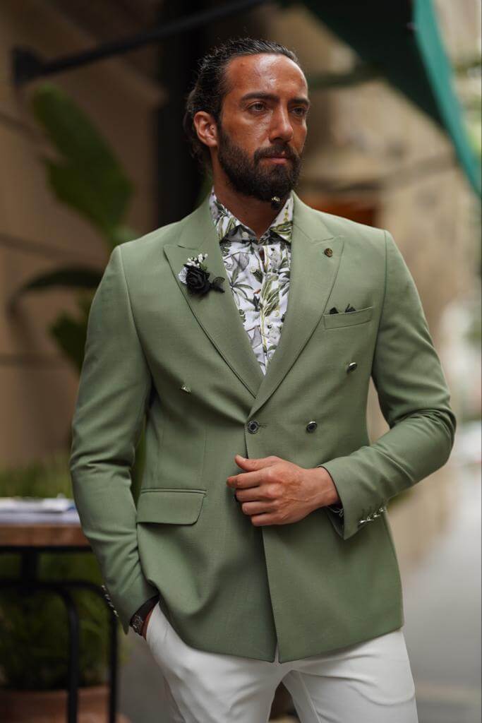 Green double best sale breasted coat mens