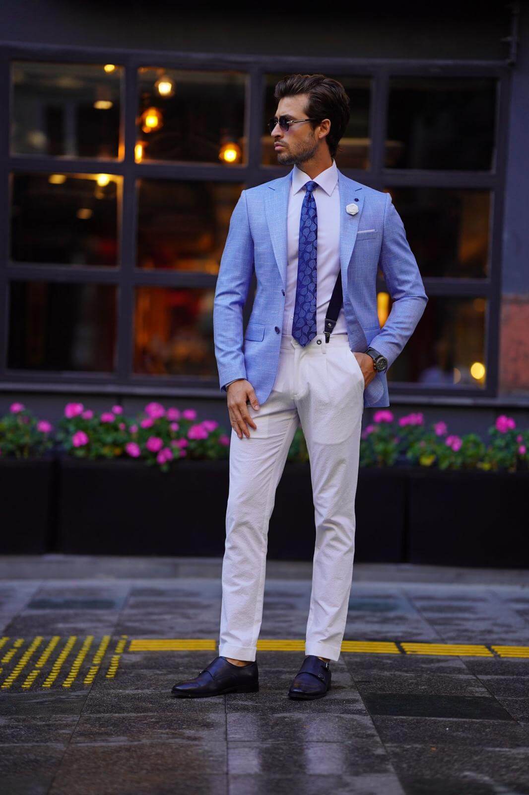 Men's Light Blue Plaid Blazer, Pink Dress Shirt, Navy Chinos, Navy Paisley  Tie | Lookastic