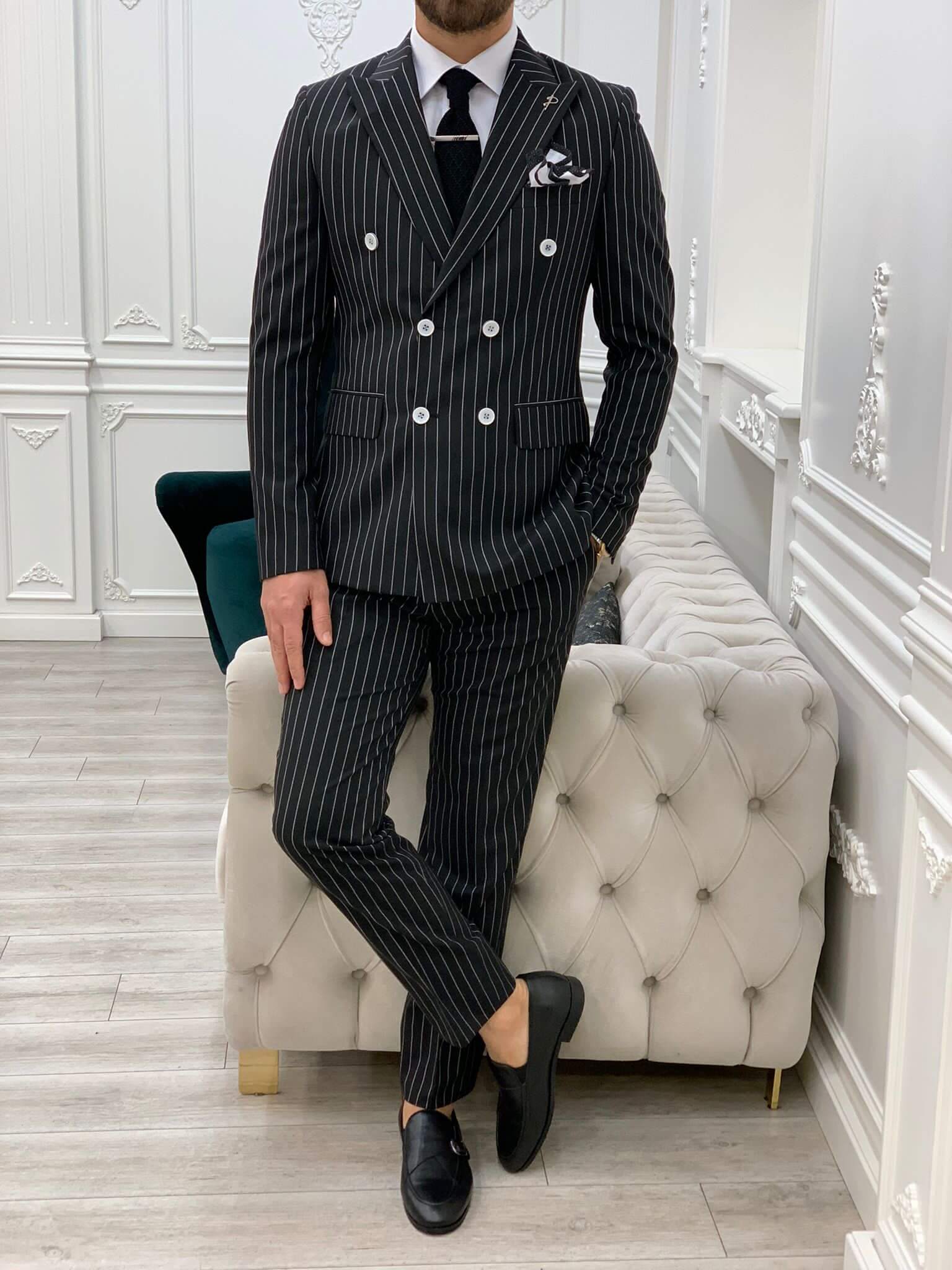 Mens black pinstripe sale double breasted suit