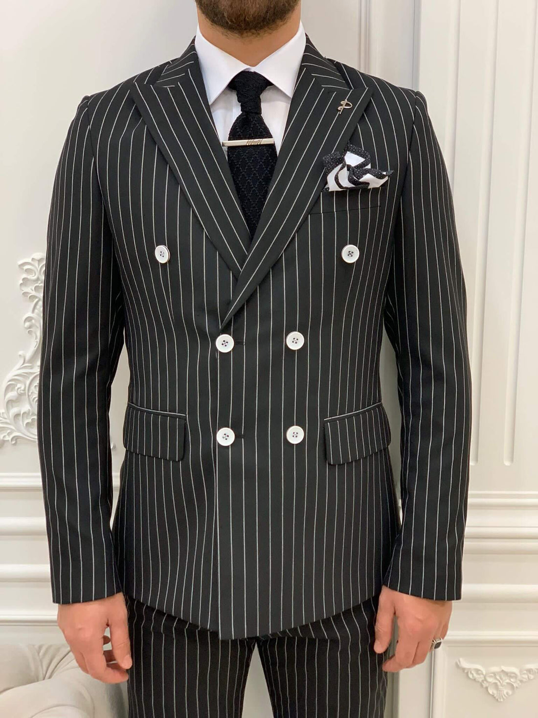 Pinstripe Black Double Breasted Suit – HolloMen