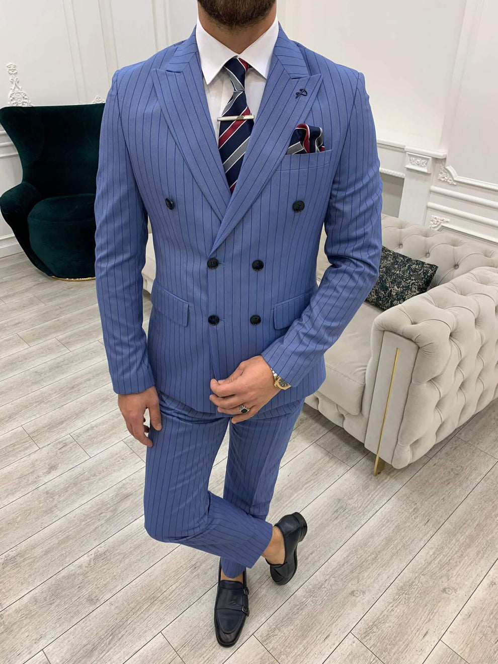 Pinstripe Blue Double Breasted Suit – HolloMen