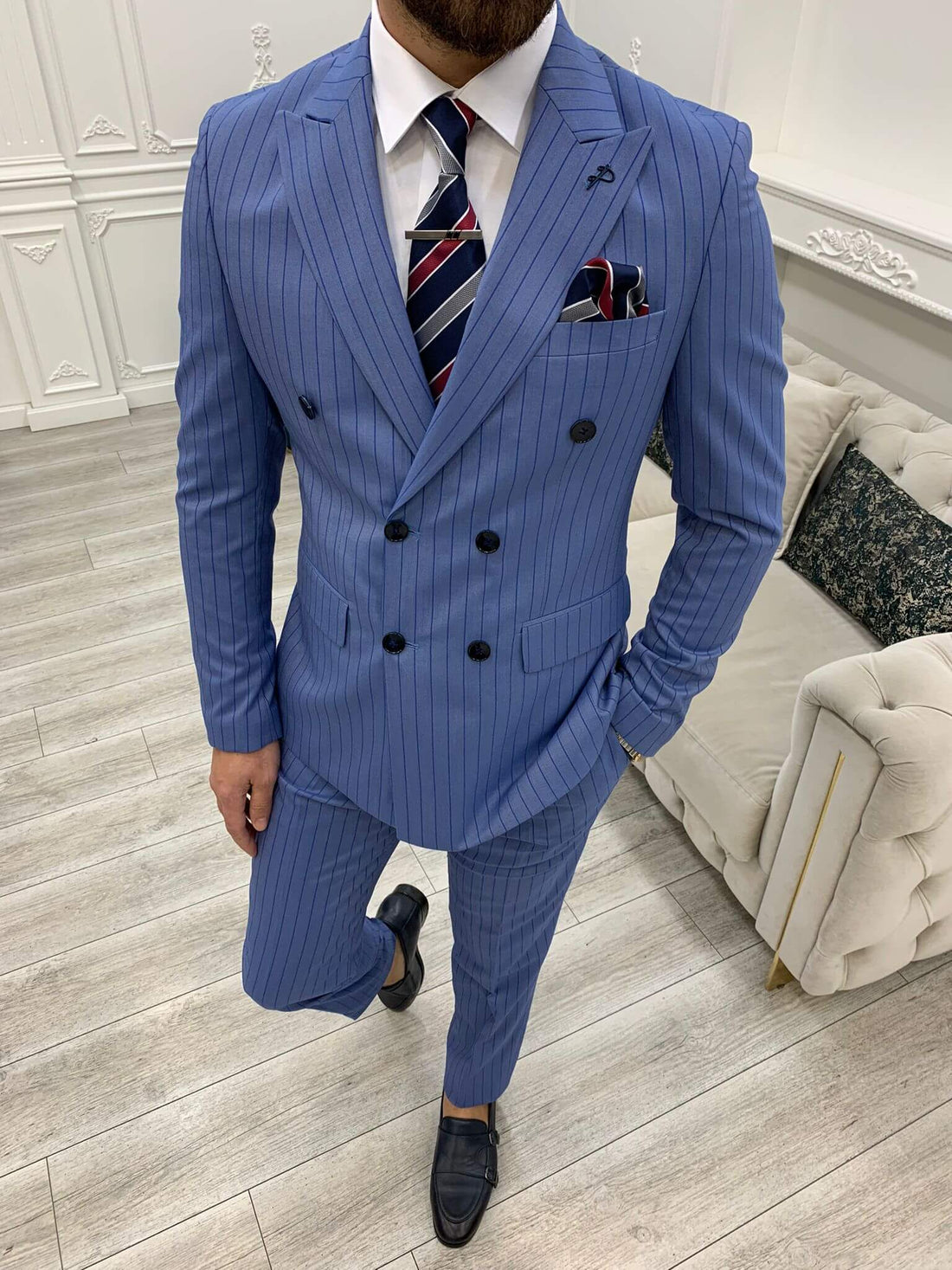 Pinstripe Blue Double Breasted Suit – HolloMen