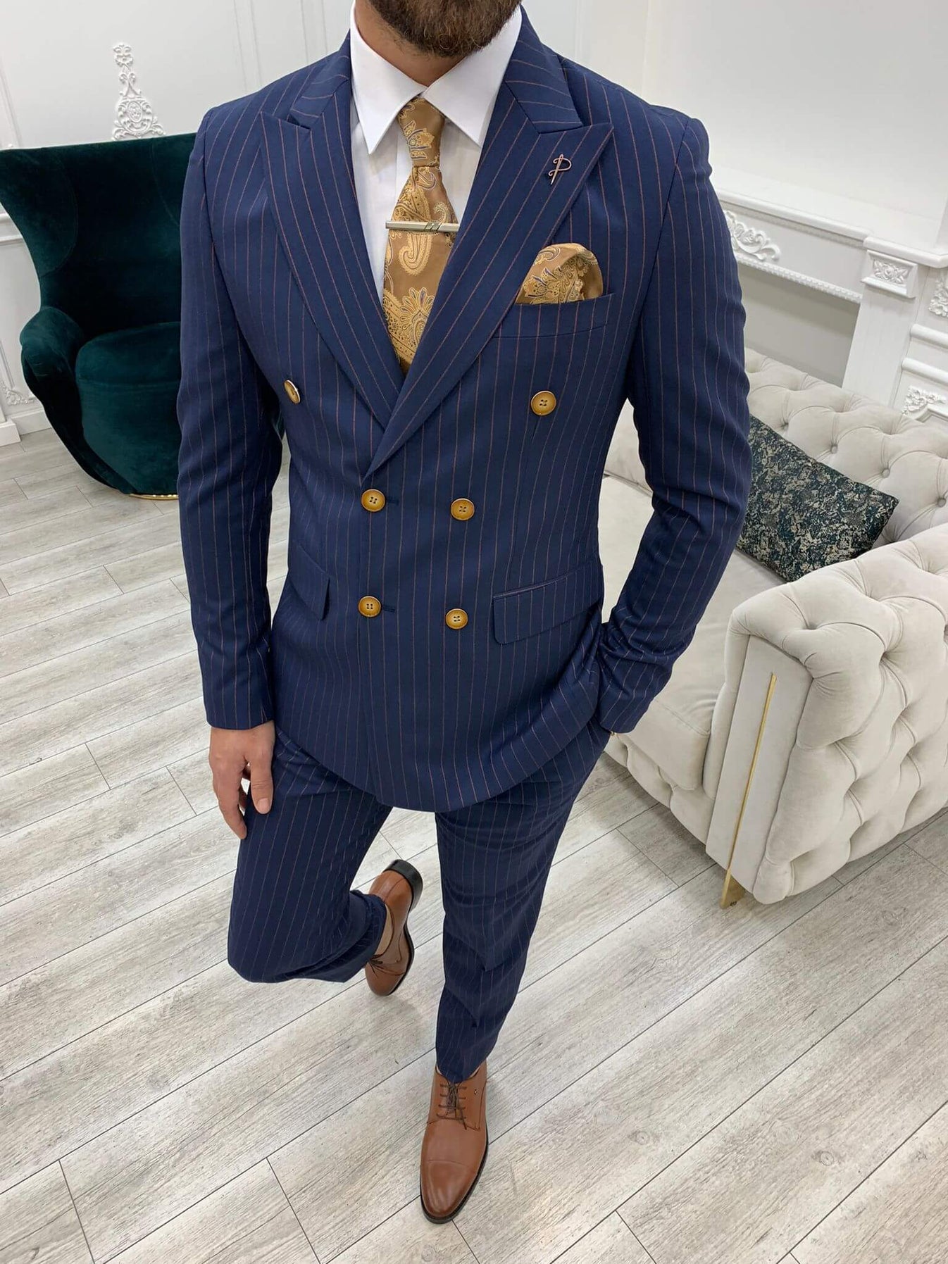 Pinstripe Navy Blue Double Breasted Suit – Hollomen