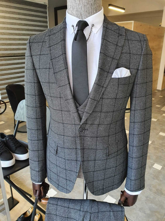 Slim Fit Plaid Gray Suit - Hollo Men