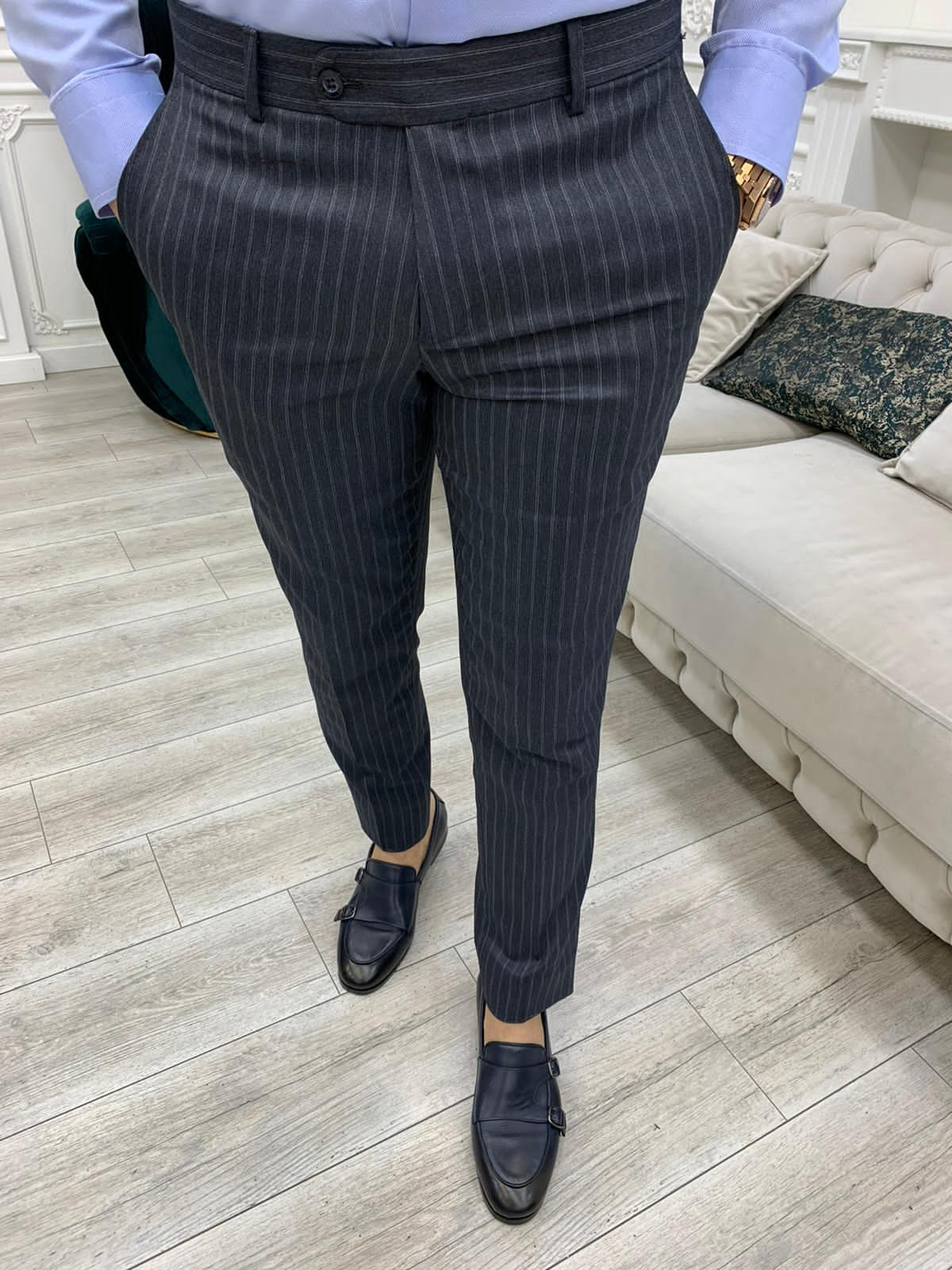 Smoked Gray Double Breasted Striped Suit – HolloMen