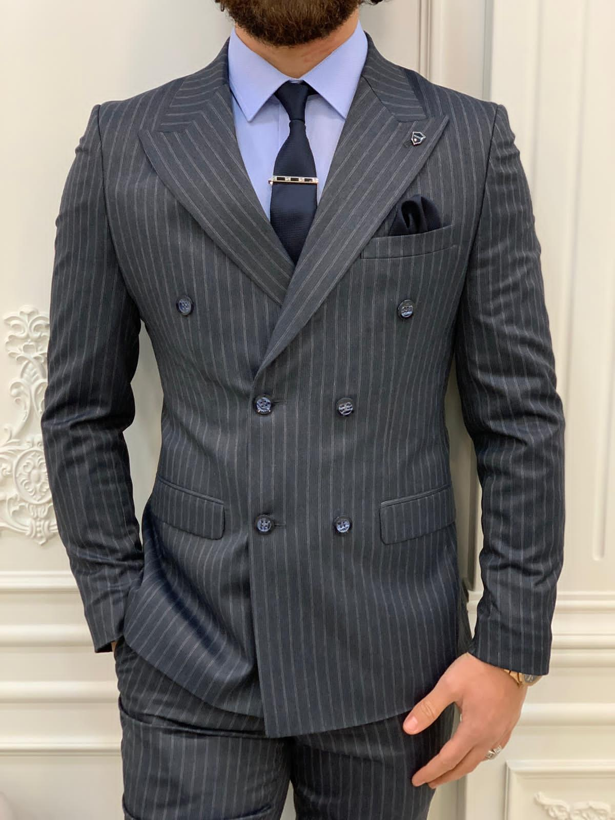 Smoked Gray Double Breasted Striped Suit – HolloMen