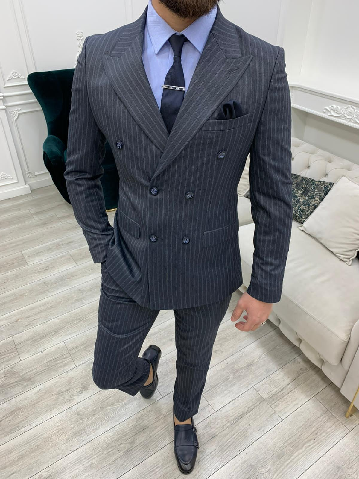 Smoked Gray Double Breasted Striped Suit – HolloMen